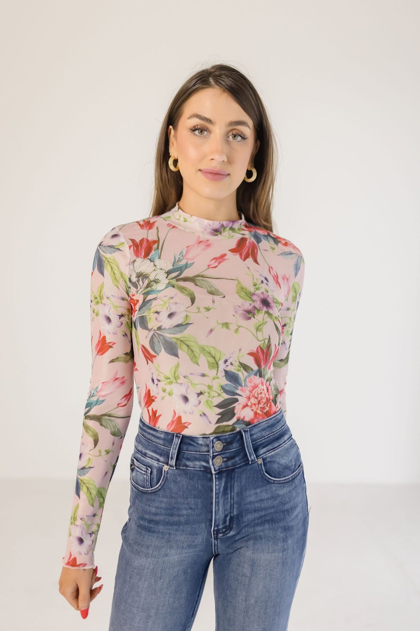 Brenda Floral Mesh Top – Pink, Long Sleeve Lightweight