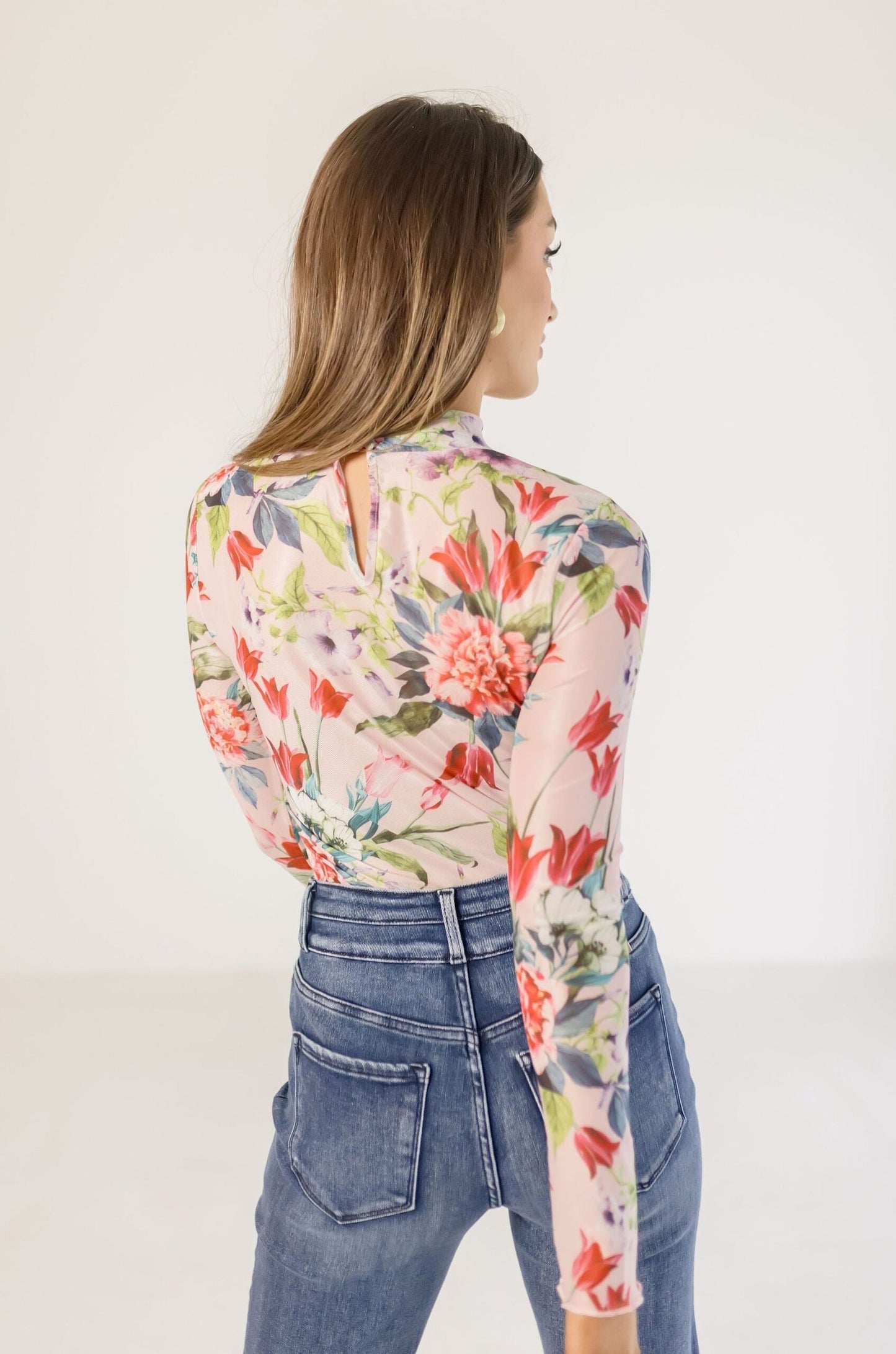 Brenda Floral Mesh Top – Pink, Long Sleeve Lightweight